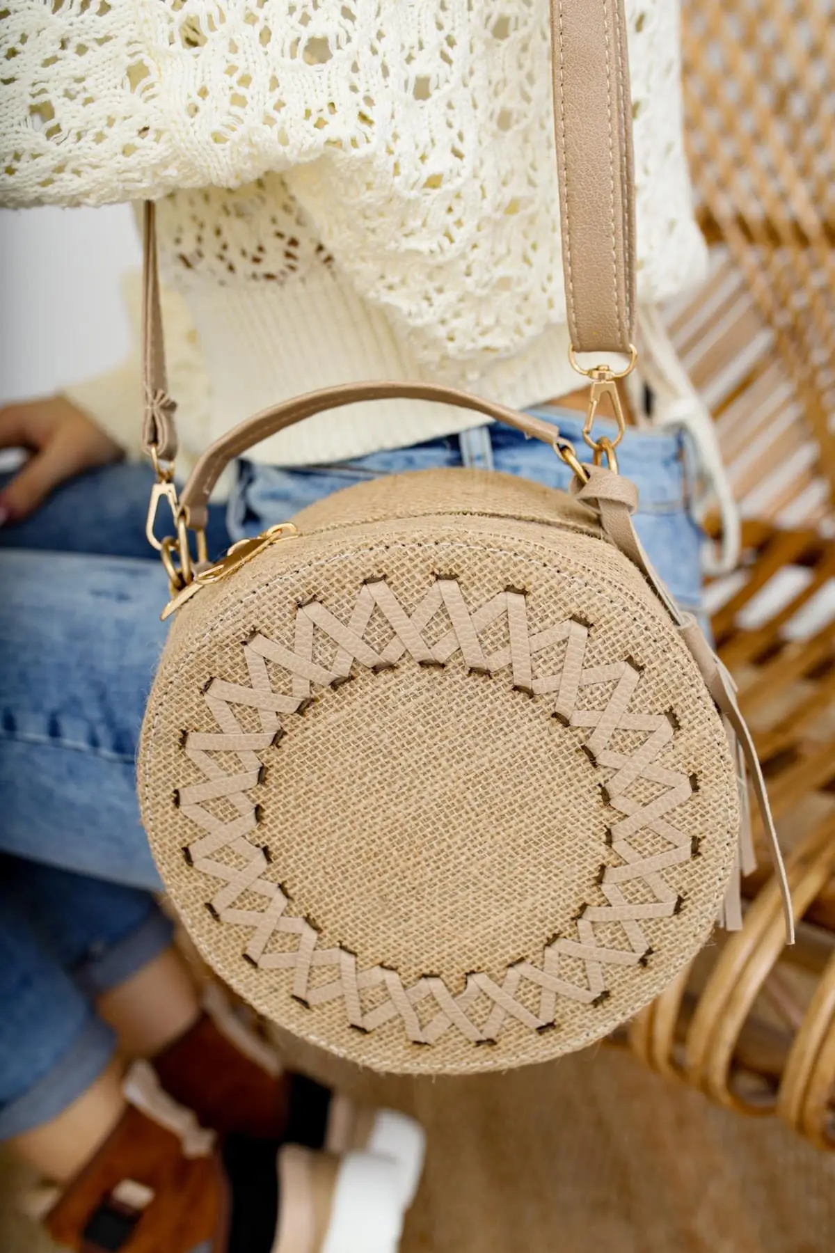 Women's Beige Braided Straw Shoulder Bag