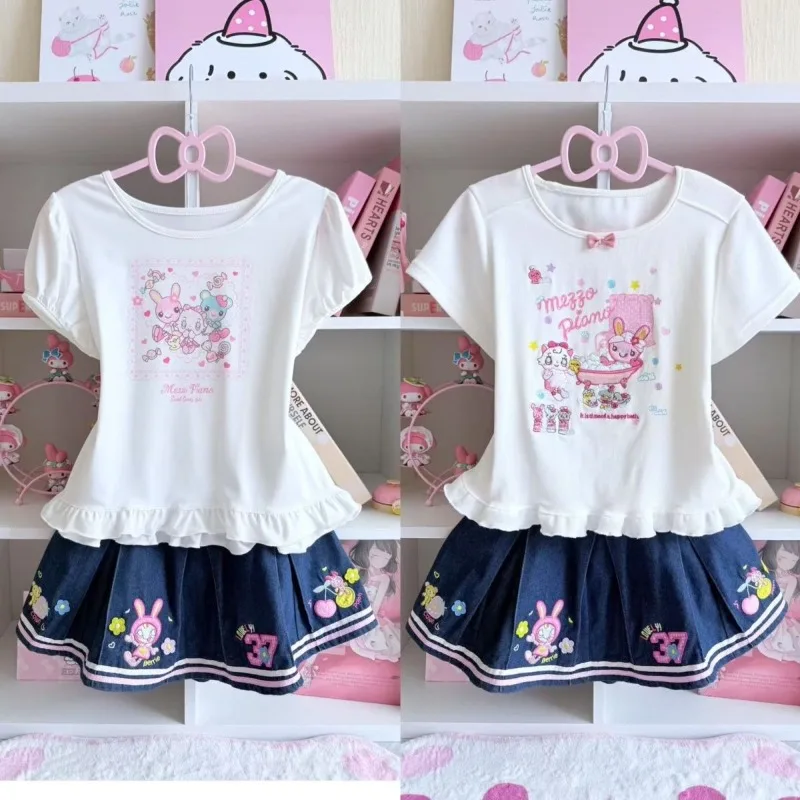 

Sweet Girl Summer Fashion All Match Thin Shirts Y2k Aesthetic Kawaii Cartoon Print Pleated Preppy Clothes Short Punk Denim Skirt