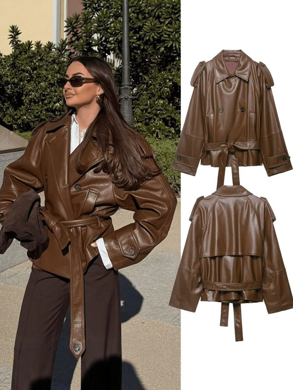 New Brown Women PU Leather Jacket Short Classic Design Stand Collar Top Windproof Warm Coat Daily Commute Casual Style Outerwear