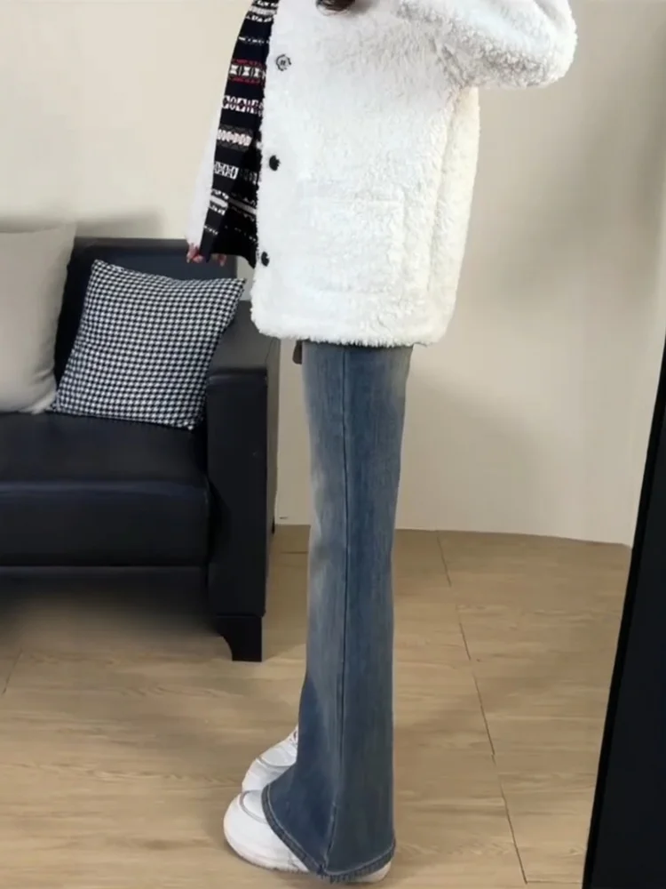 Jeans da donna retrò americani blu foderati in Fce invernali taglie forti pantaloni svasati dimagranti chiusura con cerniera a vita alta