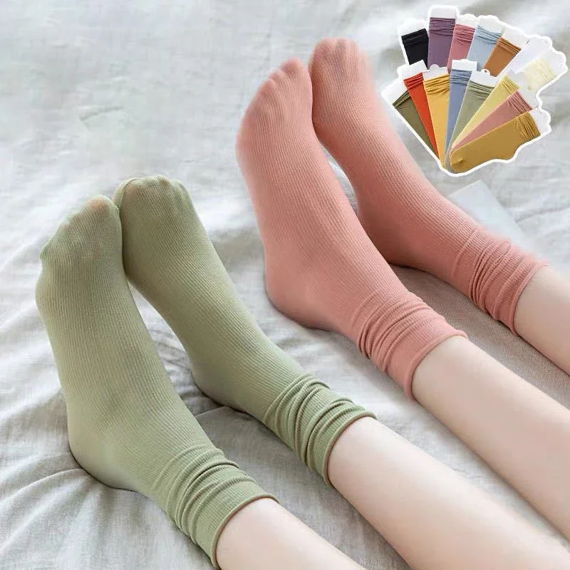 1 Pair Women Colorful Socks Knitting Rib Thin Spring Summer Female Socks High Tube Streetwear Soft Soft Breathable Sock