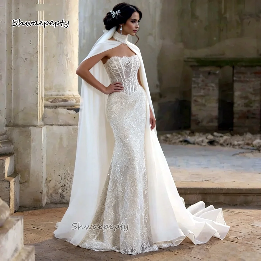 Vintage Strapless Lace Mermaid Wedding Dresses With Cap 2026 Sleeveless Long Bridal Gowns Customized Ivory With Champagne Robe