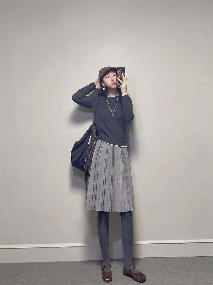 Retro Double Layered Geometric Pleated Light Grey Woolen Skirt Women's Autumn Winter New Style Grey Series Pleated Midi Skirt
