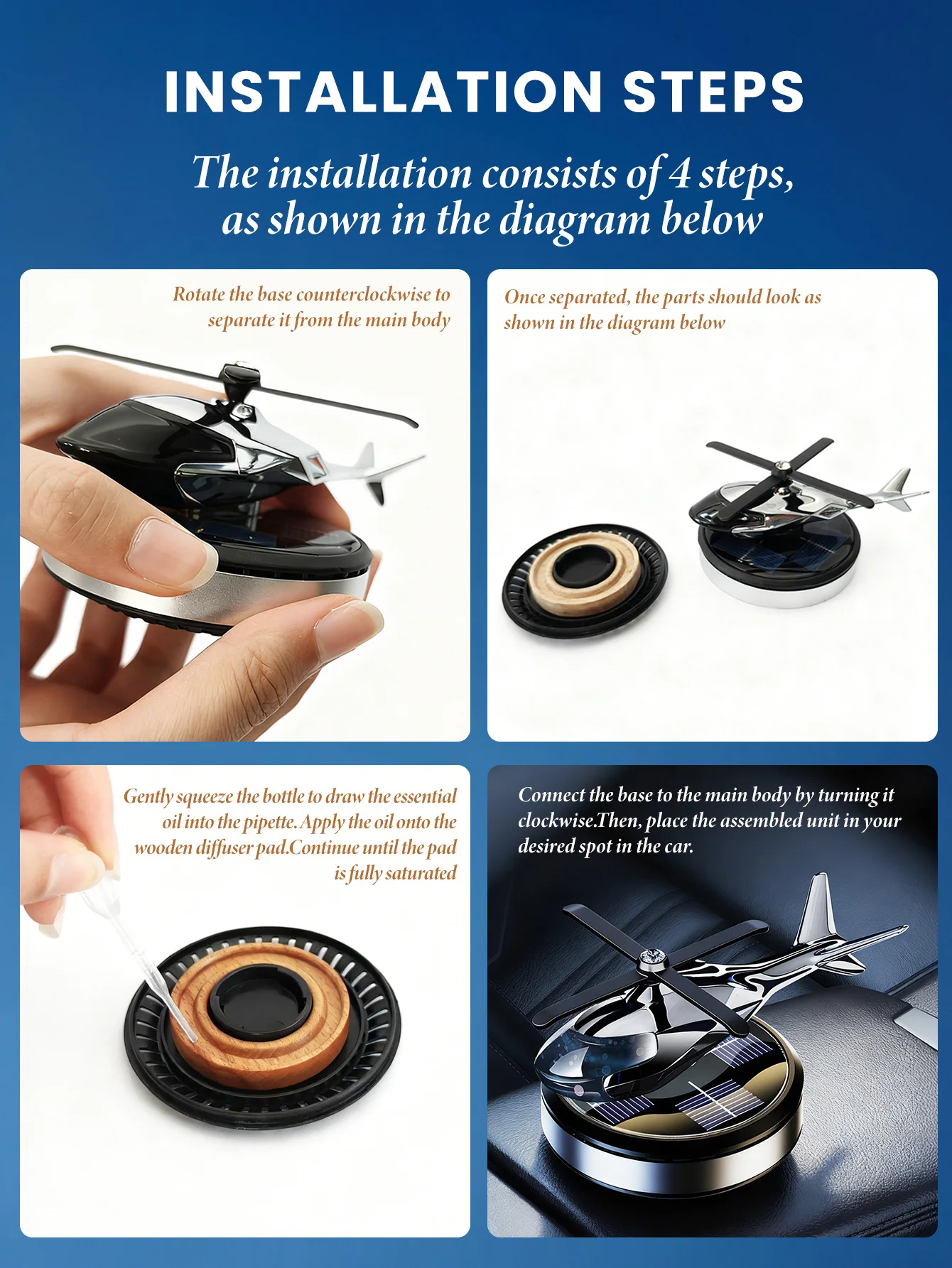 Solar-powered rotating helicopter car-mounted decorative item with creative aromatherapy center console for men's car gift