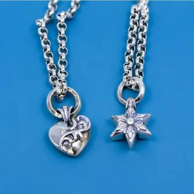 Trendy street photography pure silver six pointed star peach heart pendant collarbone chain personalized fashion necklace
