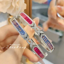 Luxury Rainbow Tourmaline Women's Bracelets Full of High Carbon Diamonds Bangles Female Fine Jewelry Bright Wedding Party