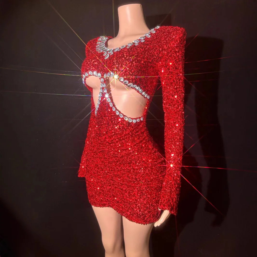 New Model Glamorous Red Sequin Birthday Party Stage Dress Women's Hollow Mid-Length Luxury Evening Gown High-End Banquet Dress