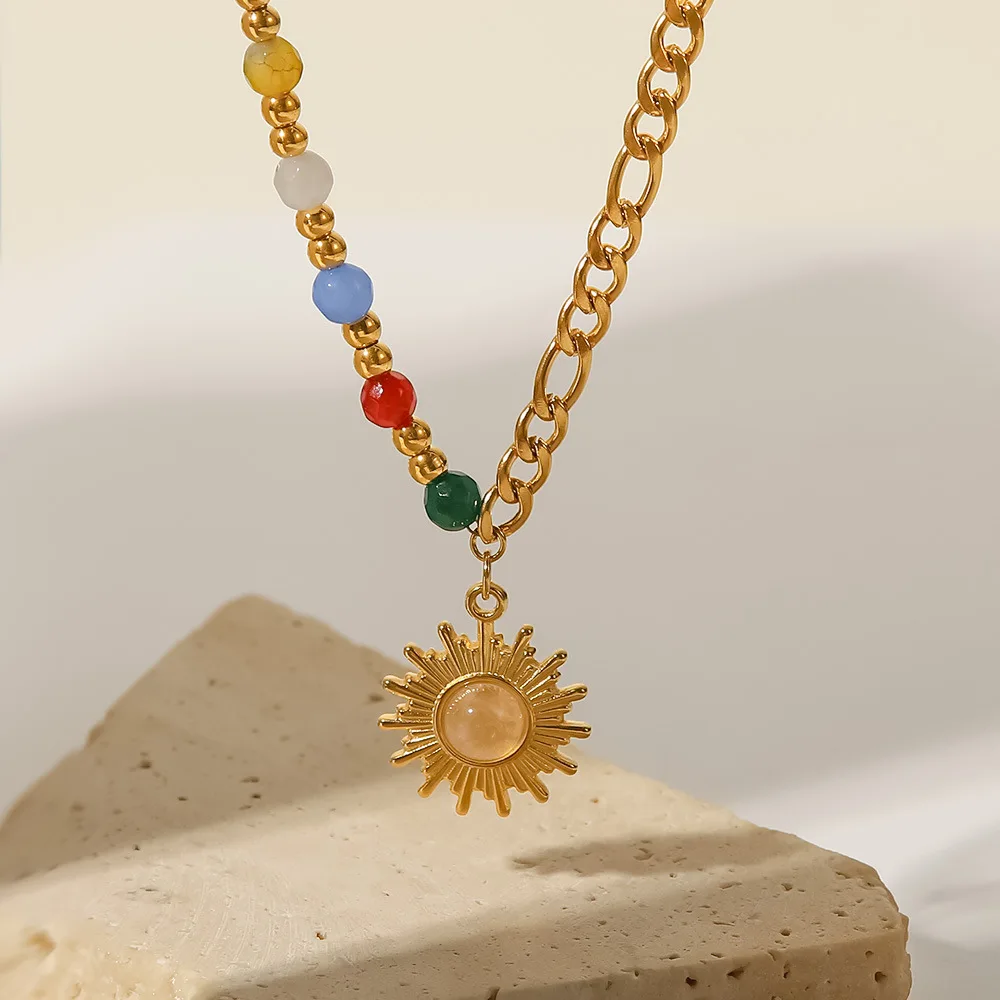 

Stainless Steel PVD 18K Gold Plated Tarnish Colorful Beads Sun Pendant Necklace For Woman Jewelry Wholesale 2023 Trendy