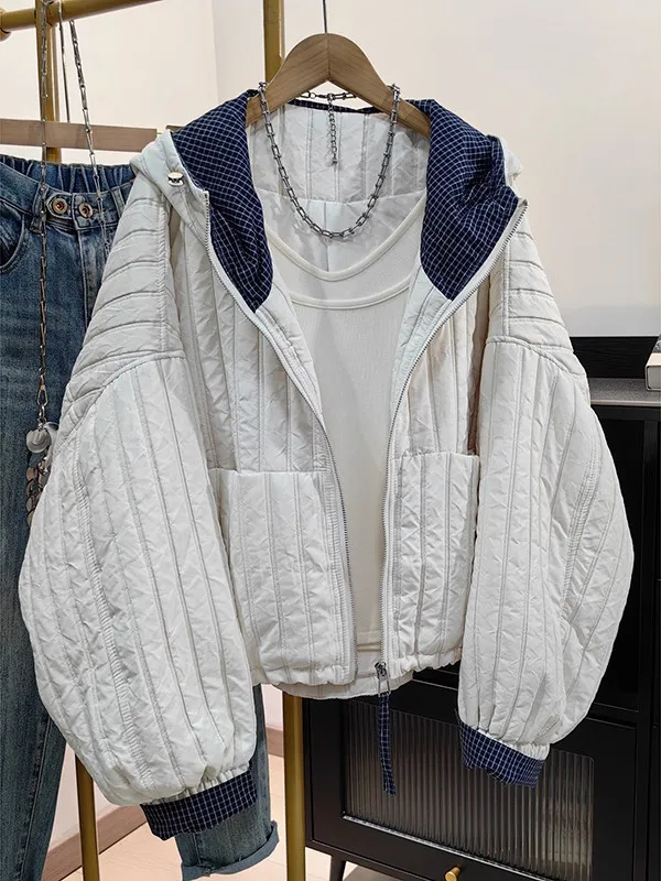 Warm Cotton Jacket Short Hooded Lantern Sleeve Women's Autumn Winter Fashion Design Sense Outerwear Trendy Slim Fit Style