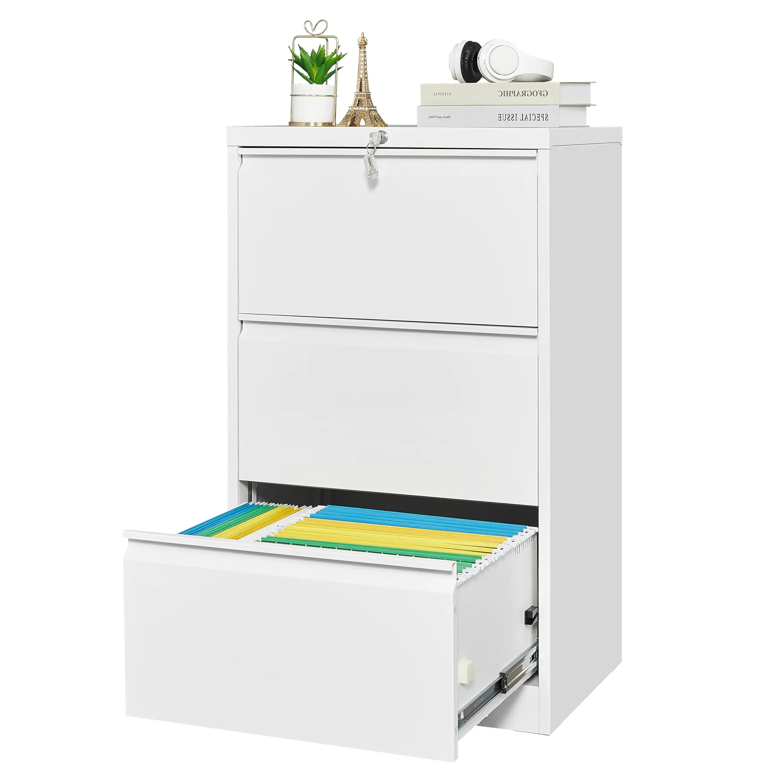 Heavy Duty Lateral File Cabinet with Lock – 3-Drawer Steel Filing Cabinet for Home Office – Legal/Letter/A4/F4 Files – Secure Under Desk Organizer – Card Holder Included