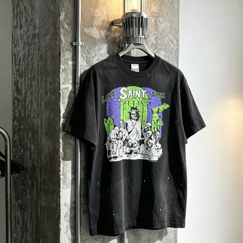 Vintage Washed Distressed Skull Letter Print Round Neck Short Sleeve Saint Tshirts Men Women Ink Splashed Top Tee Streetwear