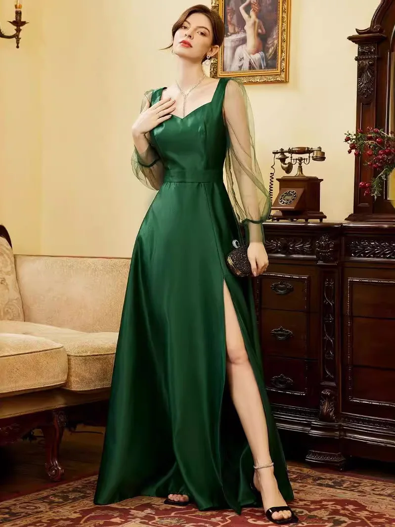 

Elegant Green plus Size Long Dress Satin Gown with Wide Hem Long Sleeves Square Collar for Wedding Party Celebration Autumn