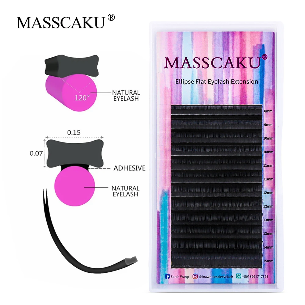 

MASSCAKU Professional Ellipse Flat Lashes Natural Double Split Tips Shaped Eyelash Extension Faux Mink Russian Volume Eyelashes