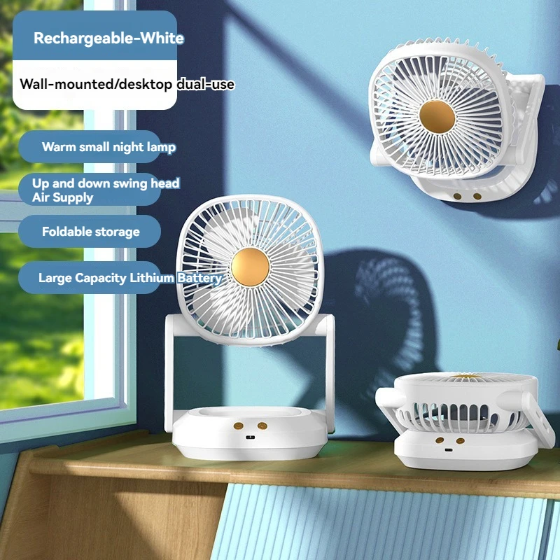 Ventilador de iluminación recargable USb, ventilador pequeño plegable de doble propósito montado en la pared, uso al aire libre, dormitorios de estudiantes, camas, hogar