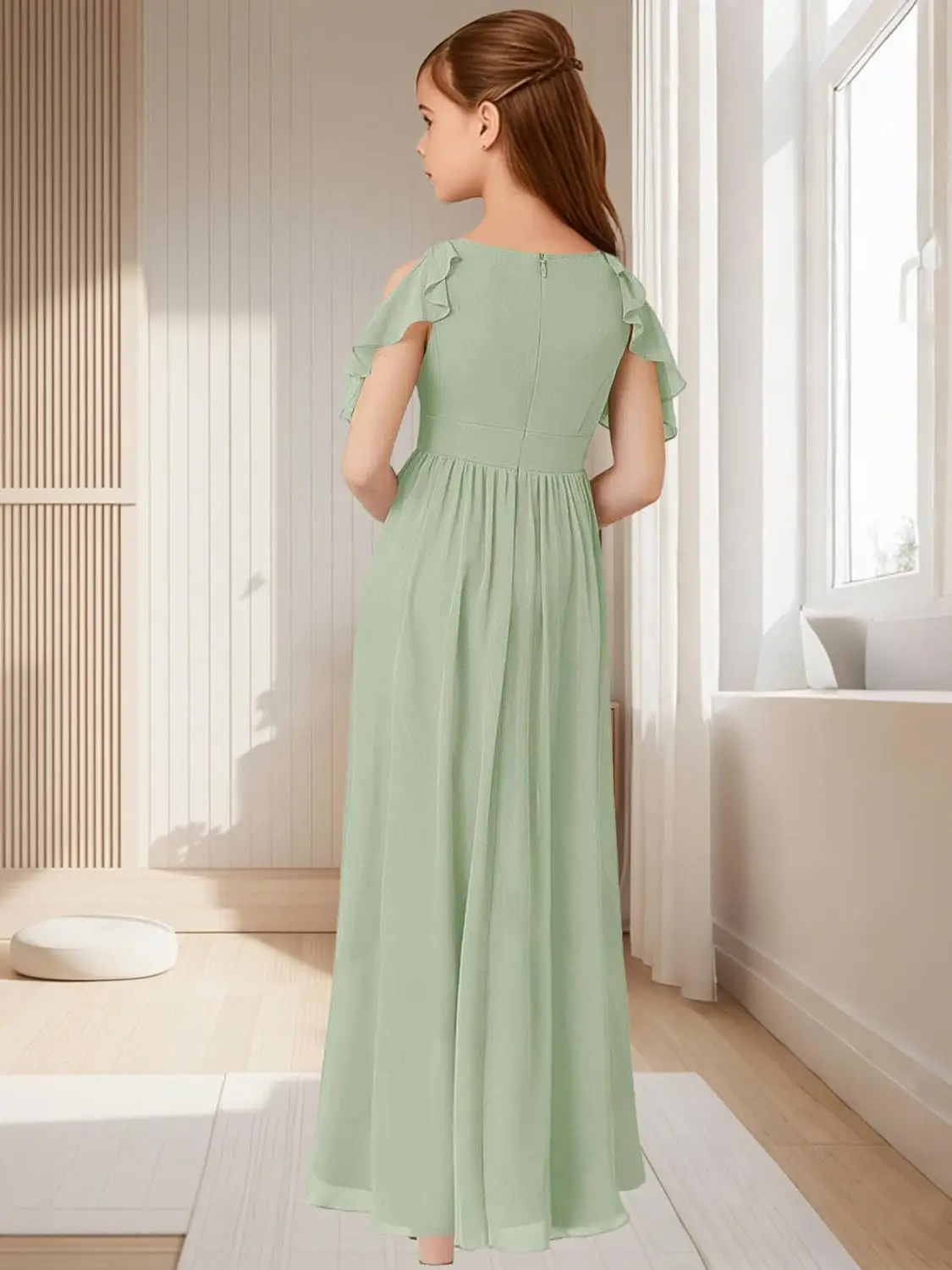 A라인 오프숄더 쉬폰 플라워 걸 드레스 A라인 주니어 정장 드레스 소매가 있는 소녀용 롱 드레스 프로무 드레스