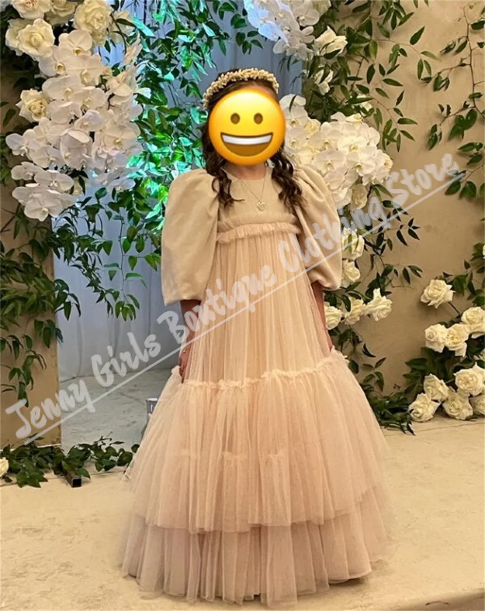 

Flower Girl Dress Fluffy Bubble Half Sleeve Long Children's First Communion Dress Birthday Party Formal Event