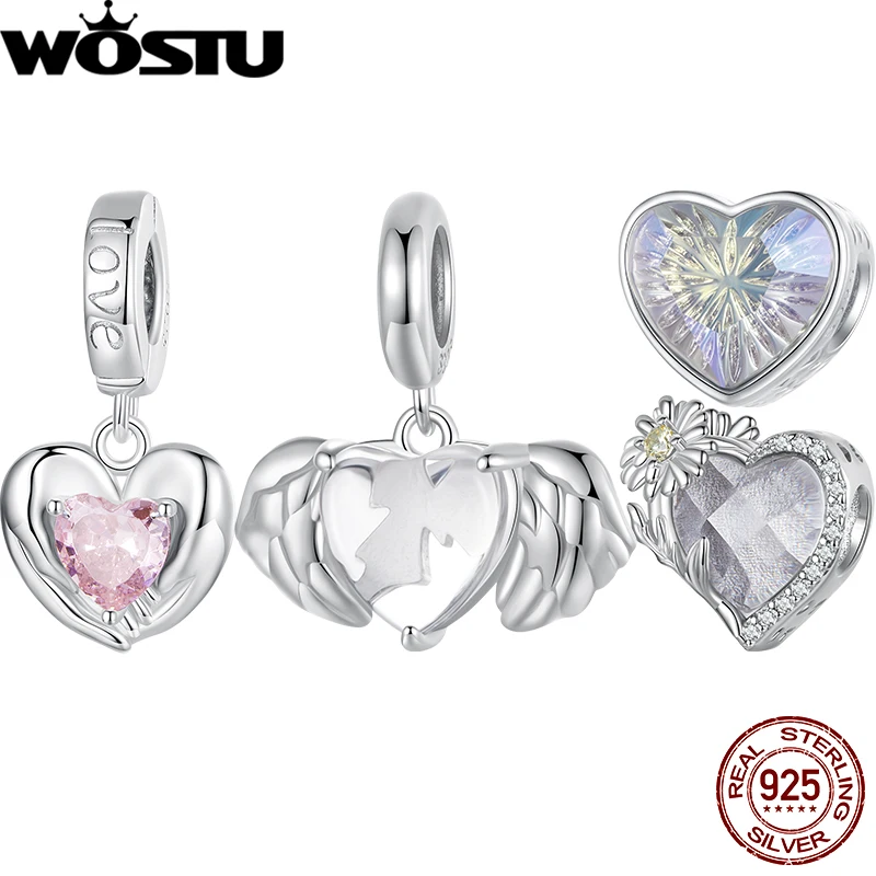 WOSTU 925 Sterling Silver Heart Wings Pendant Transparent Glass Guard Charms Original Fit for Women Bracelet DIY Xmas Lover Gift