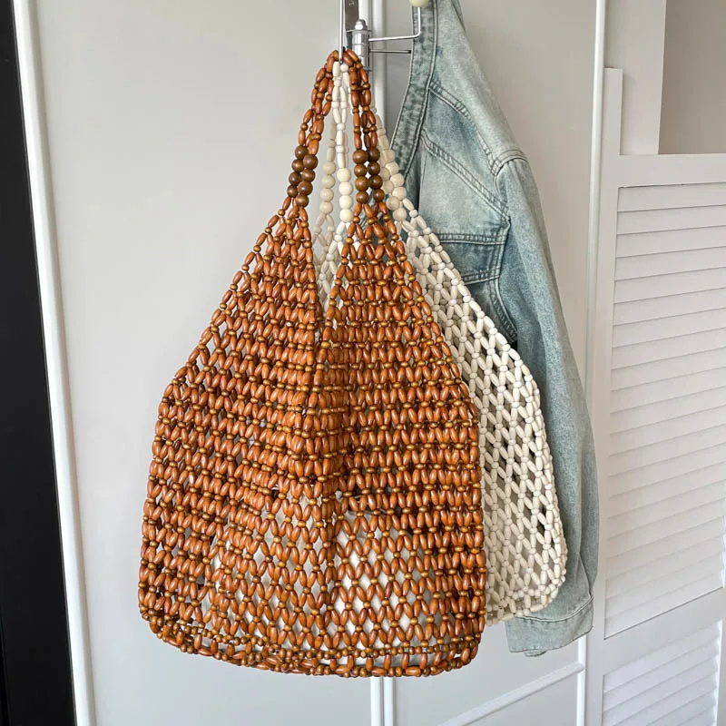 Designer Hollow Out Shoulder Bag Female Large Capacity Beach Bag Vintage Wood Beading Handbag 2 Set Summer Basket  Shopping Bags
