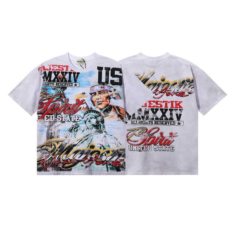 MAJESTIK American Graffiti Short Sleeved T-shirt for Men Women Loose Statue of Liberty Printed Tshirts