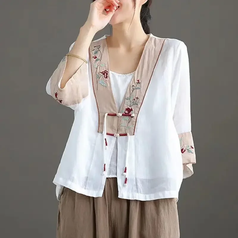 New 2022 cotton linen vintage cheongsam blouse traditional chinese tea clothing flower embroidery women hanfu oriental tang suit