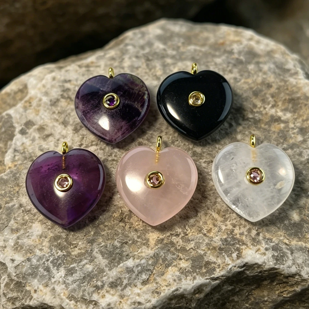 Heart Chakra Natural Gem Charms Golden Tone Bezel Set CZ Single Bail DIY Beading Findings P2D1026