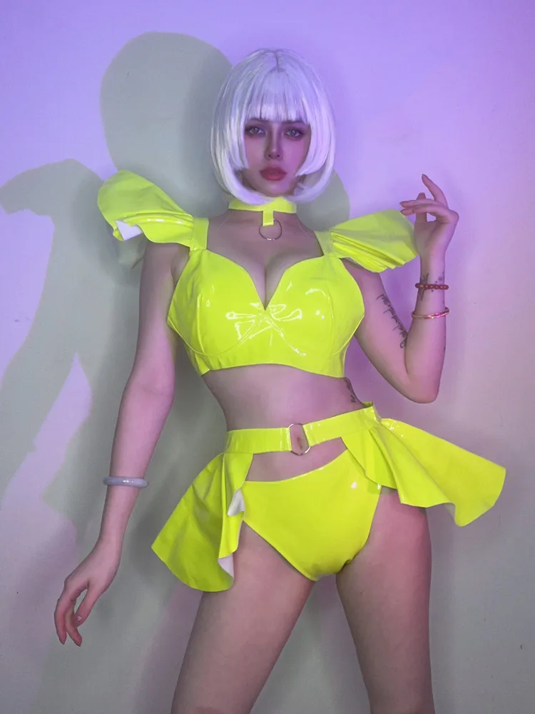 

Nightclub Bar Gogo Singer Dance Team Stage Performance Costume Fluorescent Yellow Green Lacquer Leather Bikini Skirt Set Pink