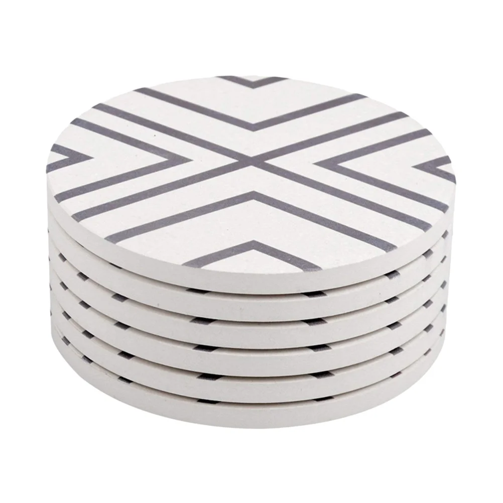 

6 Pcs Coasters Set Stone Drink High Temperature Resistant Absorbent Geometric Coaster Non Slip Cork Back Protect Table Top Grey