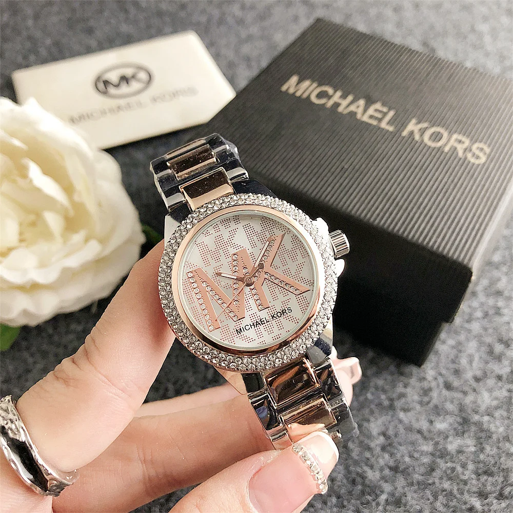 Women Michael Kors Fashion Diamond Inlaid Quartz Watch Luxury Business Design Leisure Stainless Steel Wristwatch Ladies' Gift