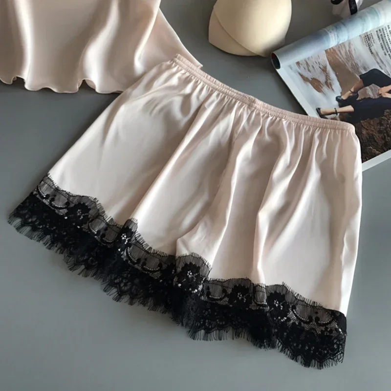 Silk Straps Women Summer Sleepwear Sexy Lace Satin Pajama Sets Lingerie Nightwear Sleeveless Tops+Shorts 2 Pcs Sets Loungewear