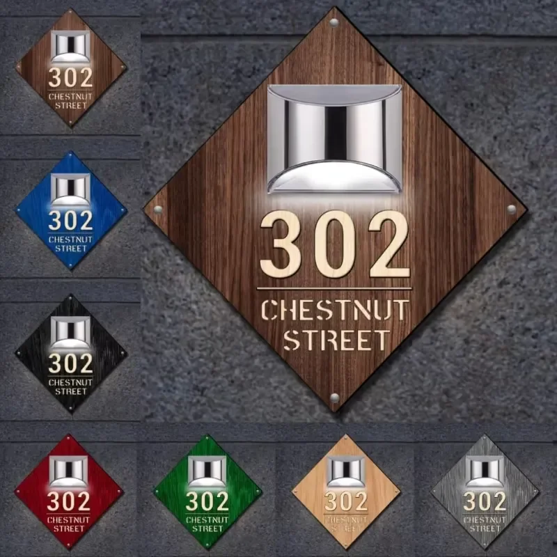 Custom Solar Light Wooden House Sign - Personalized Address Door Number Plaque, Modern Outdoor Street Name Plate for Home Office