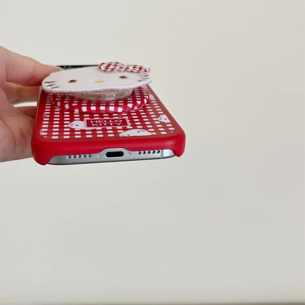 Корейский чехол INS с клетчатой вышивкой Hellokitty для Magsafe с магнитным держателем для iPhone 15, 14, 13, 16, Pro Max 17 Pro, защитный чехол
