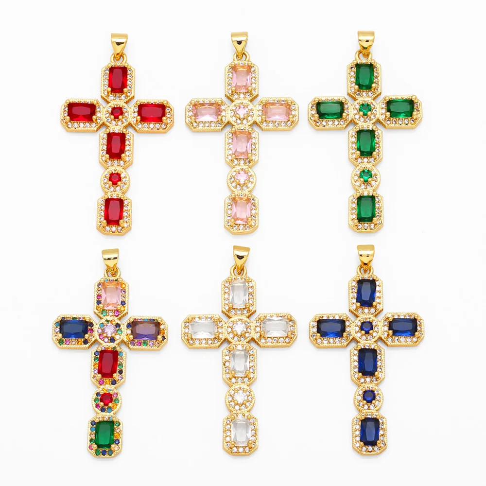 OCESRIO Trendy Multicolor Crystal Big Cross Pendant for Necklace Copper Gold Plated Crucifix Jewelry Making Supplies pdta973