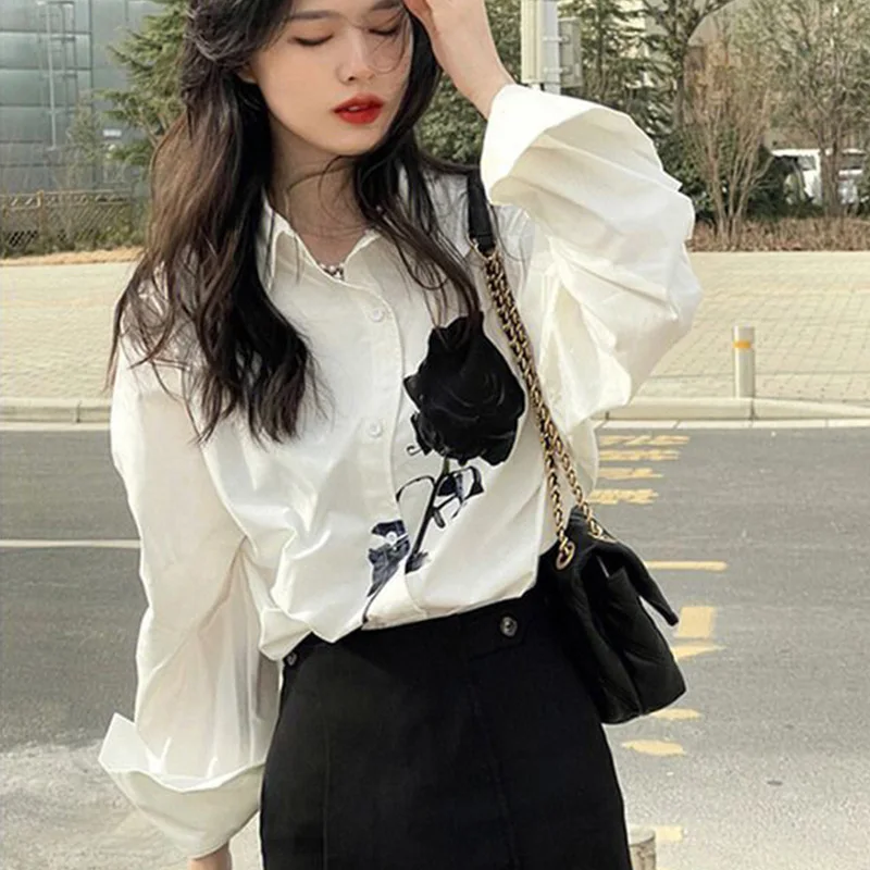 Autumn Fashion Printing Turn-down Collar Long Sleeve Blouse Women Clothing Simplicity Buttons Loose Blouse Femme Trend Top Tee