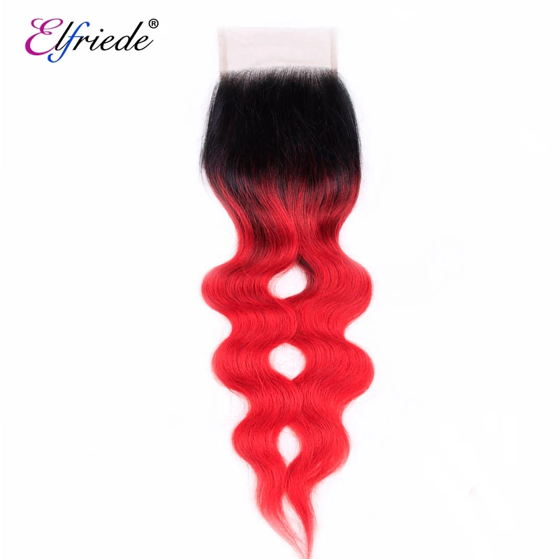 Elfriede #T1B/Red Natural Wave Ombre Colored Hair Bundles with Closure 100% Human Hair Weaves 3 Bundles with Lace Closure 4x4