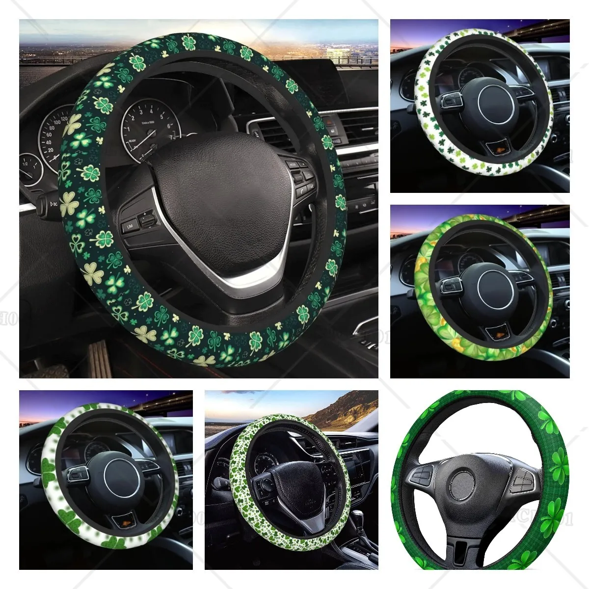 

St. Patrick's Day Clovers Steering Wheel Cover Universal 15 Inch Protector for Women Men Cute Elastic Car Accessories Auto