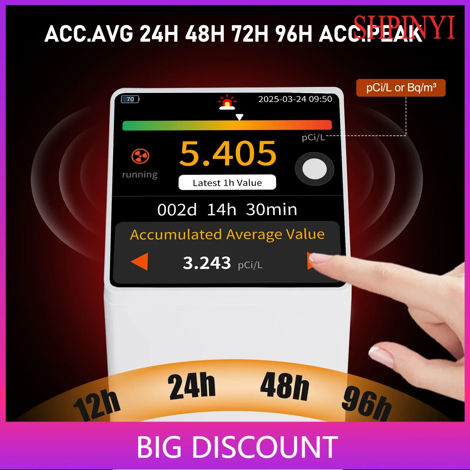 Radon Detector Audible Visual AlarmTouchscreen LCD Color Display, Long-Term Radon Gas Detector Monitoring PCi/L or Bq/m³