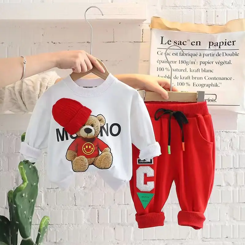 Baby Clothes 2023 New Children\'s Bear Suit Boys And Girls letter Long Sleeve Trousers Leisure Two-piece Simple Sportswear Kids