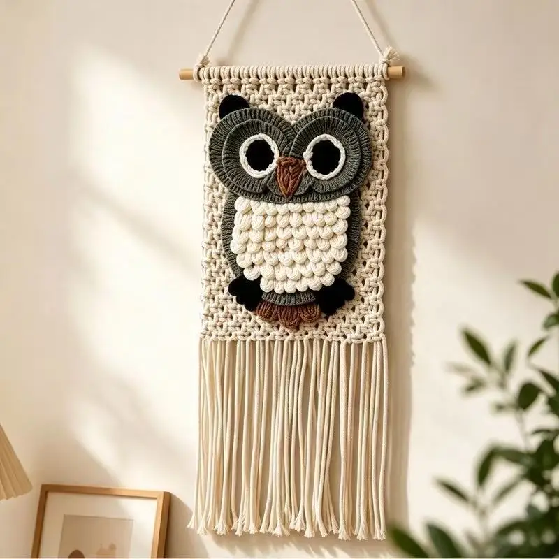 Boho Cotton Rope Wall Tapestry Cute 3D Owl Design Long Tassel Wall Hanging Ornament Hand‑Knitted Home Decoration.
