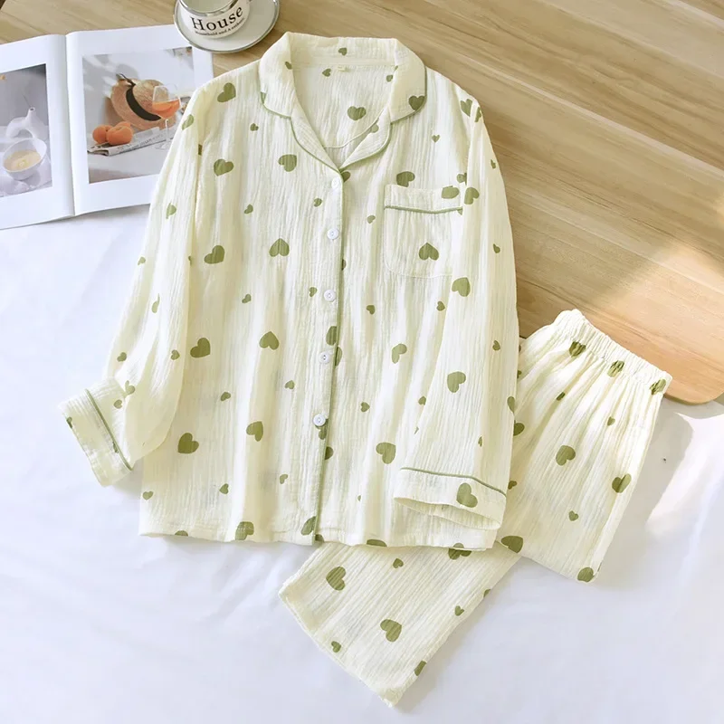 2024 New Spring and Autumn Women\'s Pajama Set 100% Cotton Crepe Long Sleeve Long Pants Two Piece Set Love Sweet Home Clothes