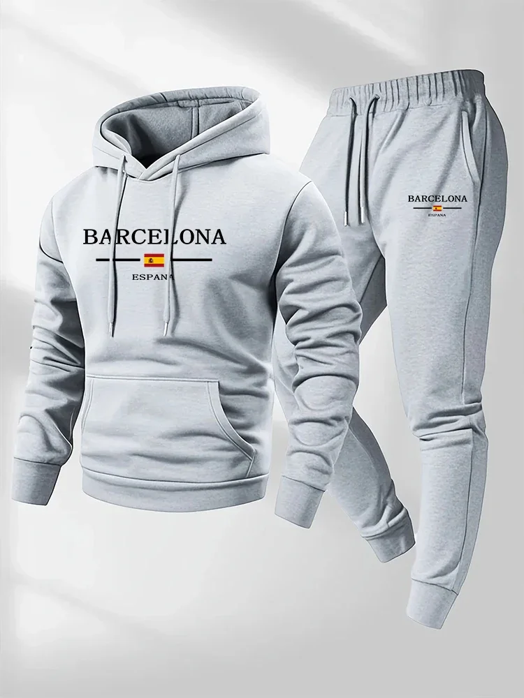 Conjunto de 2 piezas de ropa deportiva para hombre: sudaderas con capucha y pantalones de chándal estampados, ideales para gimnasio, deportes al aire libre, correr y fitness en otoño e invierno.