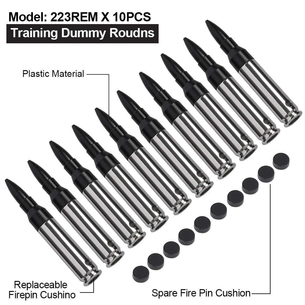 223REM Training Dummy Rounds 10Pcs, Nickel‑Plated Dry‑Fire Practice Snap Caps with Replaceable Rubber Cushion, Protective Training Simulation Accessory.