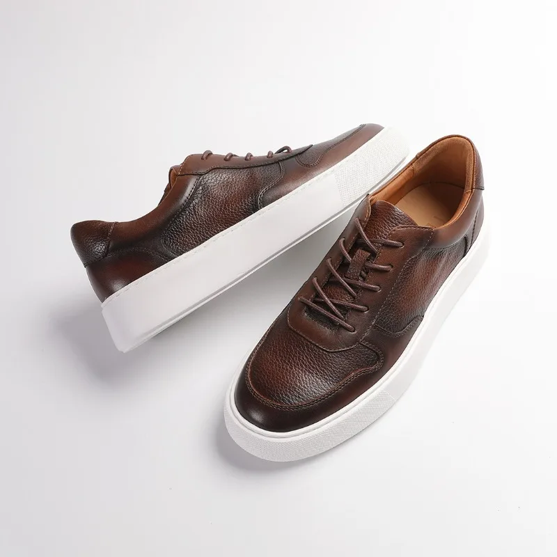 Handmade First-layer Cowhide Men's Casual Shoes Lychee Pattern Weave Thick-soled Retro Polished Color Breathable Trendy Sneaker