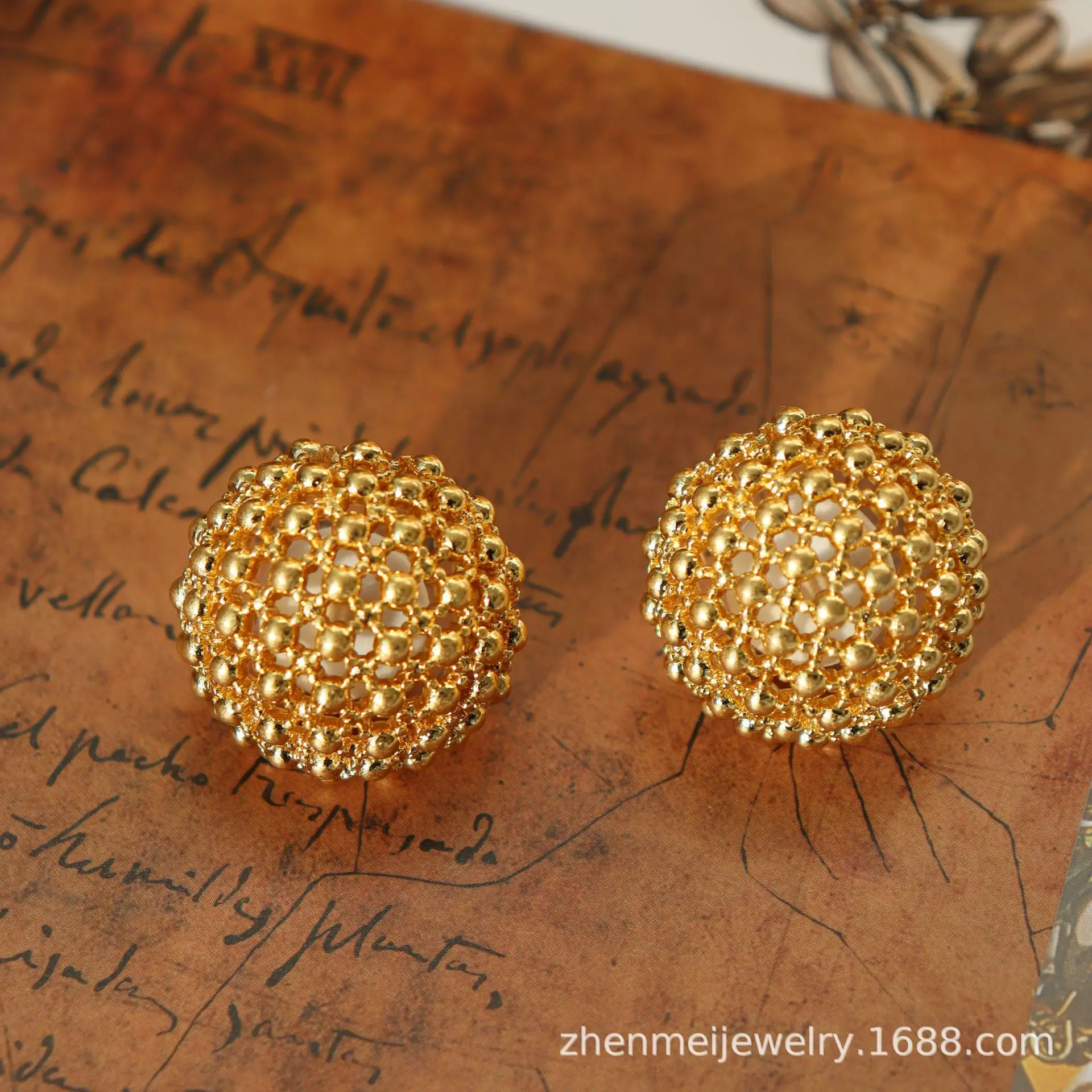 Vintage Three Dimensional Hollow Hemispherical Round Earrings