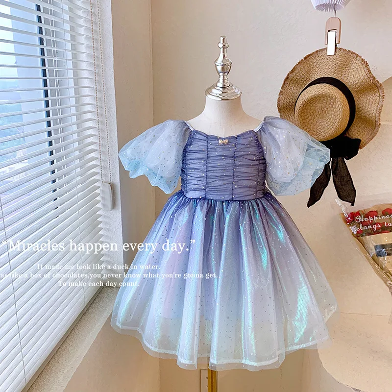 

Summer Girl's Gradient Blue Dress Stylish Puff Sleeve French Ruched Princess Gown