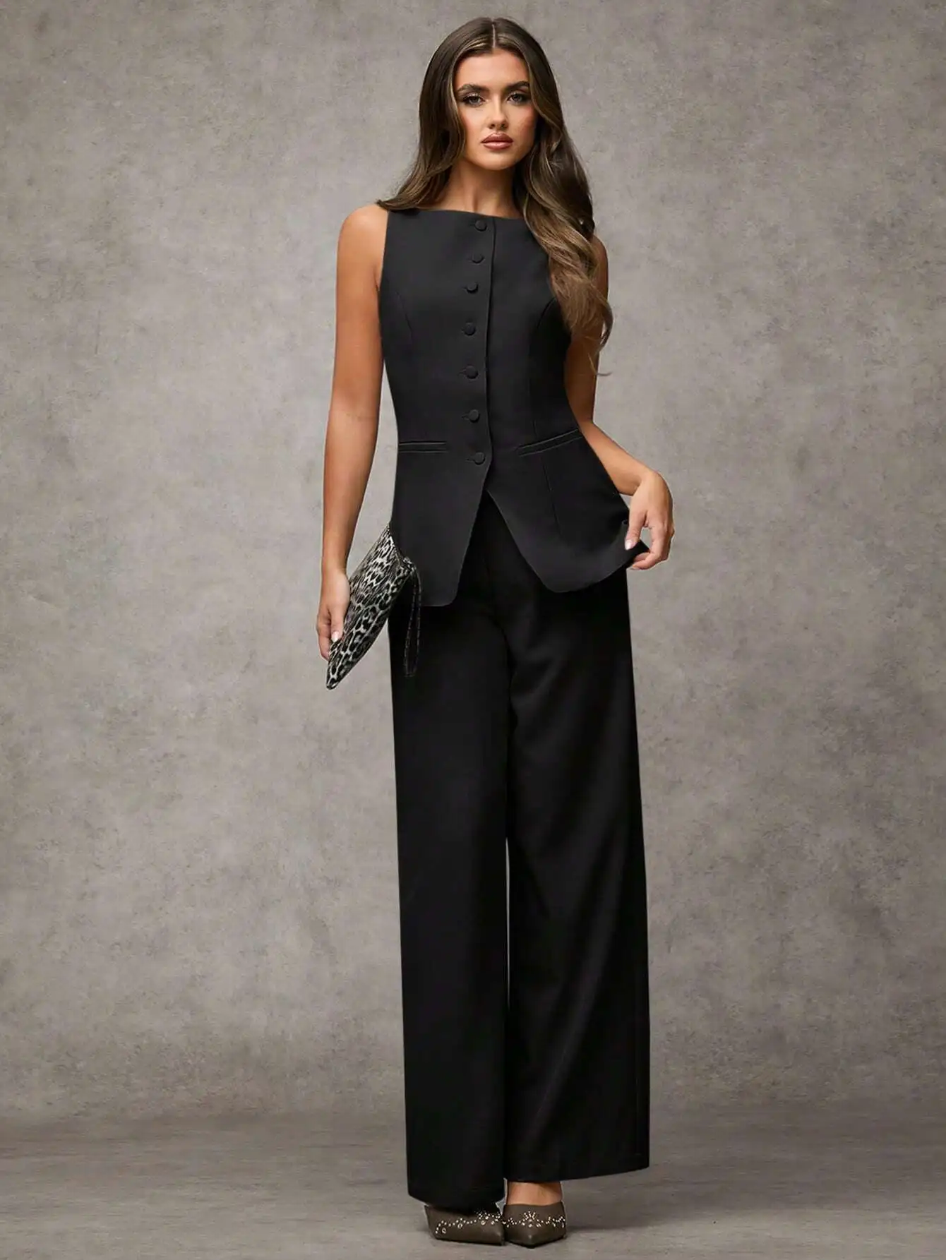 

Women Solid Color Sleeveless Single-Breasted Vest And Wide Leg Pants Office Business Casual Two Piece Suit