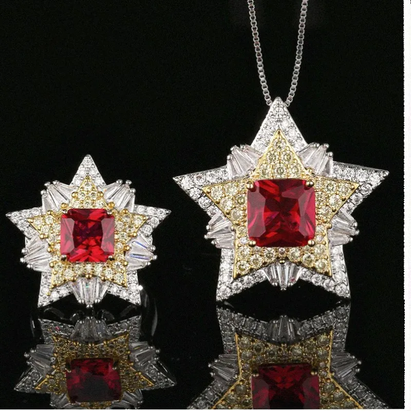 Luxury Star Red Ruby Zircon Jewelry Adjustable Ring Pendant Necklace Sparkling Women Wedding Party Statement Jewellery Gifts