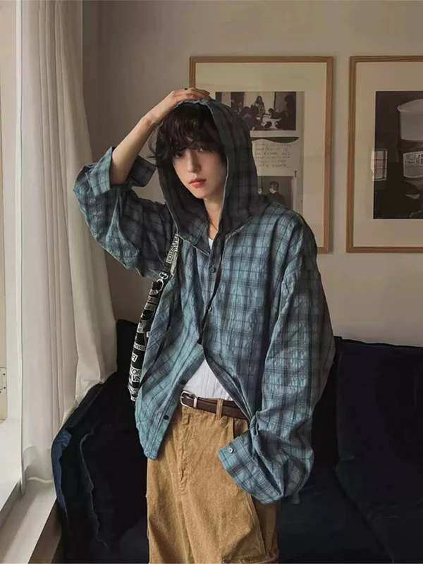 

Корейская летняя мужская рубашка в клетку с длинным рукавом, тонкая повседневная верхняя одежда с капюшоном, легкая куртка для пар из смесового полиэстера и хлопка