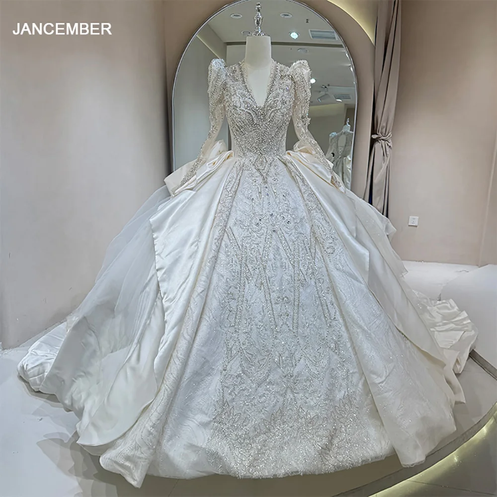

Customized Exquisite Ball Gown Wedding Dress Sparkly Crystal Long Sleeves Backless Wedding Bride Gown Ball Gown suknia ślubna