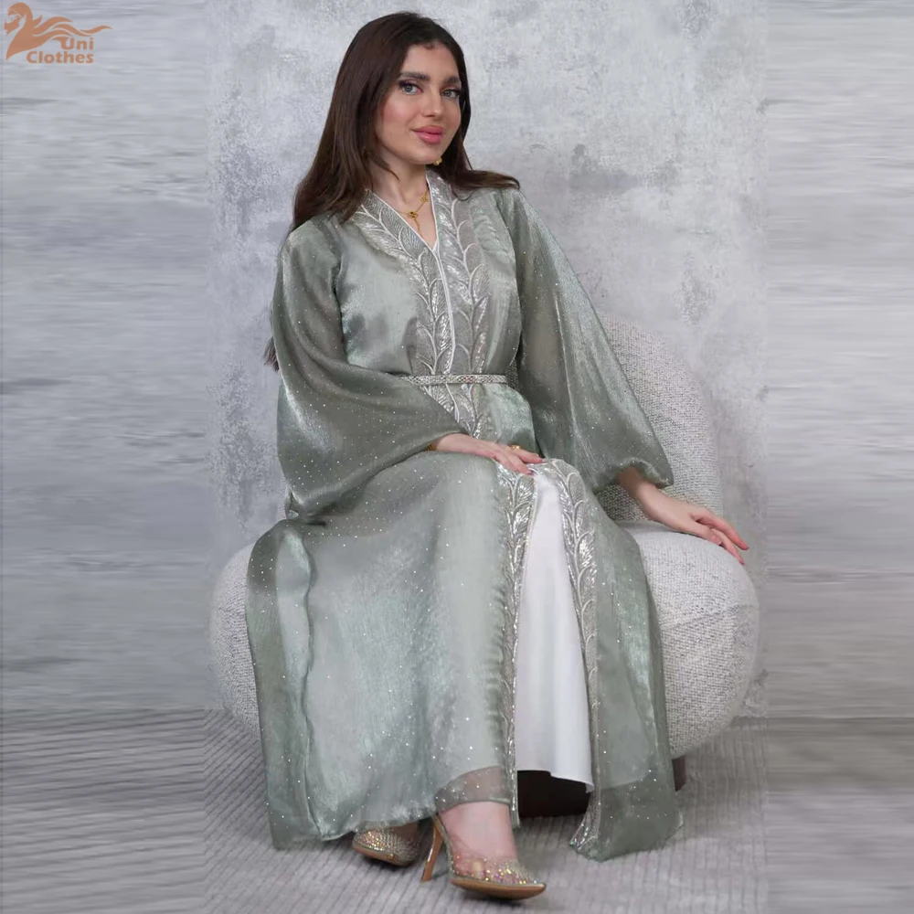 Zahraa Ramadan Muslim Embroidery Maxi Abaya Moroccan Puff Sleeve Kaftan Belt included Two Pieces Sequins Patchwork Dress