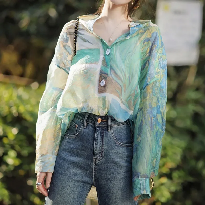 Casual Fashion Tie Dye Printed Long Sleeve Shirt Women\'s Clothing Korean Thin Vintage Turn-down Collar Button Blouse for Female